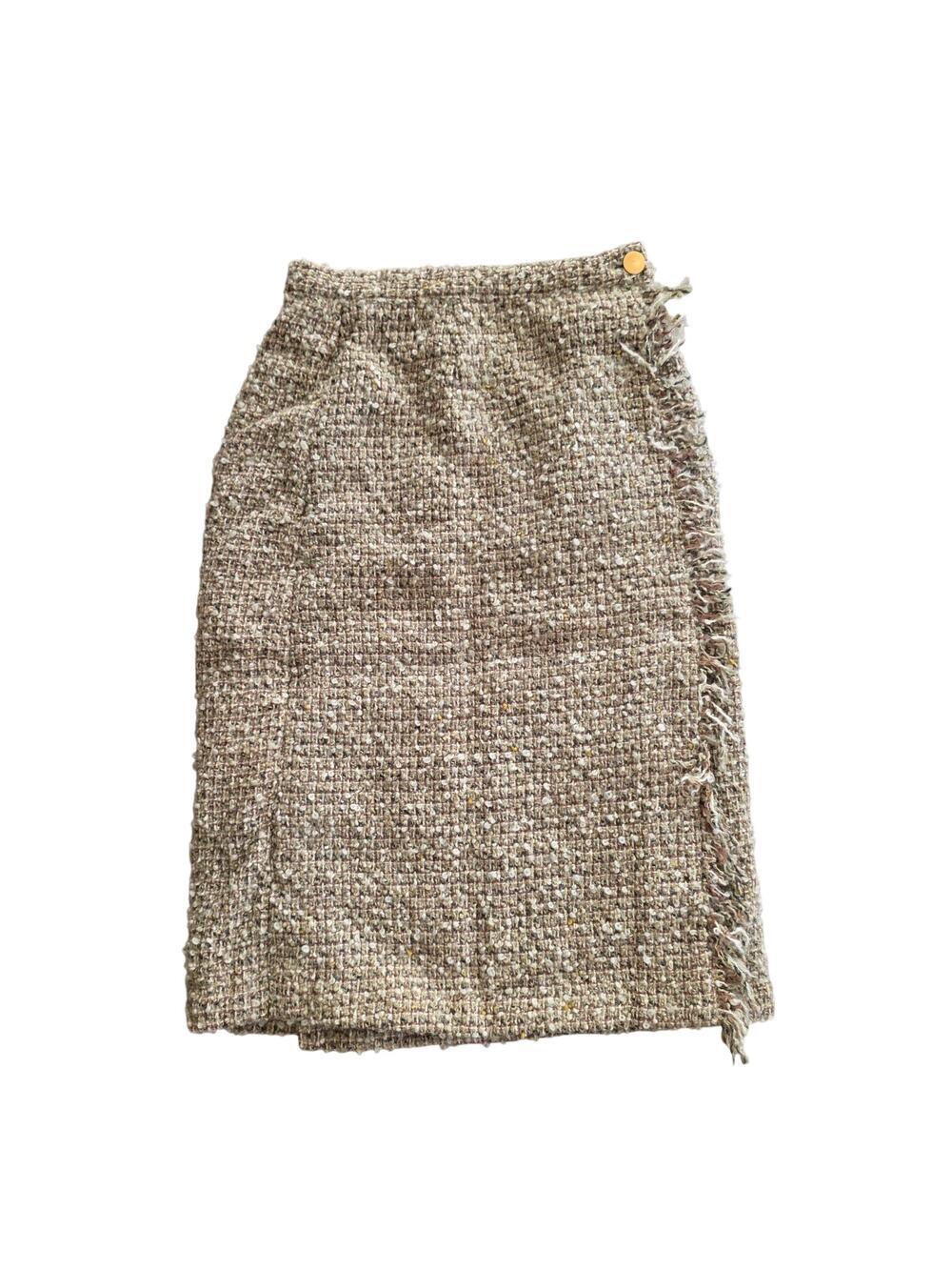 Glen of Michigan Womens Wrap Pencil Skirt Tweed Fringe Beige Vintage